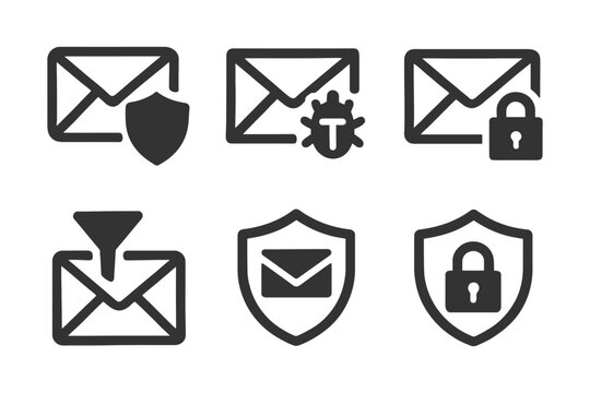 Email security icons: shield, virus, lock, spam filter symbols.