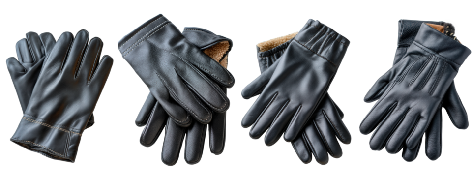 Multiple pairs of elegant black leather gloves, showcasing their luxurious texture and classic design against a pristine white background, perfect for style and warmth