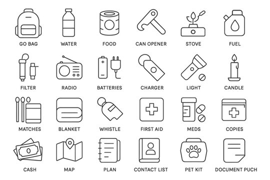 Emergency preparedness icons: essential items for survival kits.