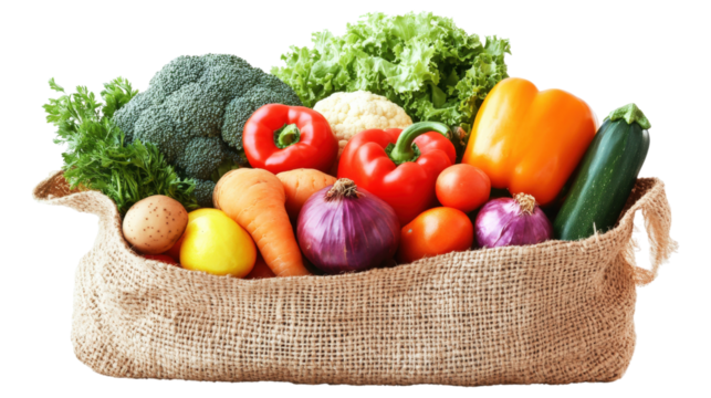 Fresh Vegetables in Burlap Bag isolated on a transparent background