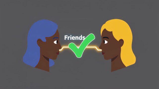 Two women in profile connected by checkmark friendship connection social media high quality professional