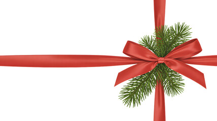 Red ribbon bow with pine needles isolated on transparent background