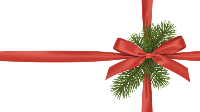 Red ribbon bow with pine needles isolated on transparent background