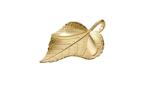 Ornate golden pendant shaped like a detailed botanical leaf rests against a solid black background