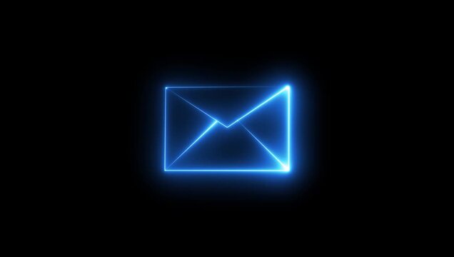 Cyan color neon mail envelope icon animated on black background. glowing neon Mail envelope, incoming mail, Sending mail icon animation.