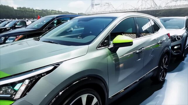 Modern car showroom displays new vehicles with shiny surfaces under bright lights. Automotive design and innovation. Luxury cars stand in dealership hall reflecting clean lines and chrome details.