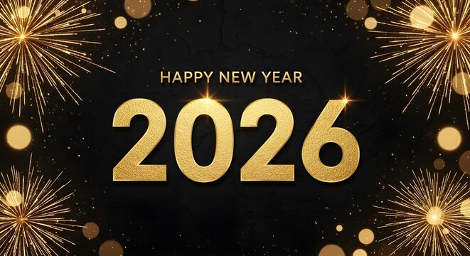 Golden 2026 new year celebration with fireworks and bokeh lights on black background