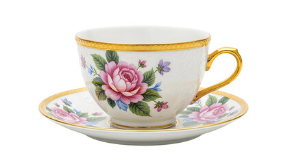 Elegant porcelain teacup and saucer set features elaborate floral decoration and golden accents