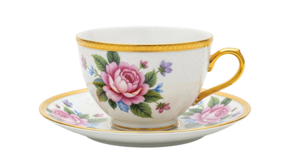 Elegant porcelain teacup and saucer set features elaborate floral decoration and golden accents