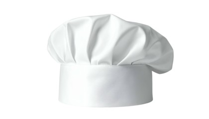 Classic tall white head covering for culinary professionals displayed against a dark background
