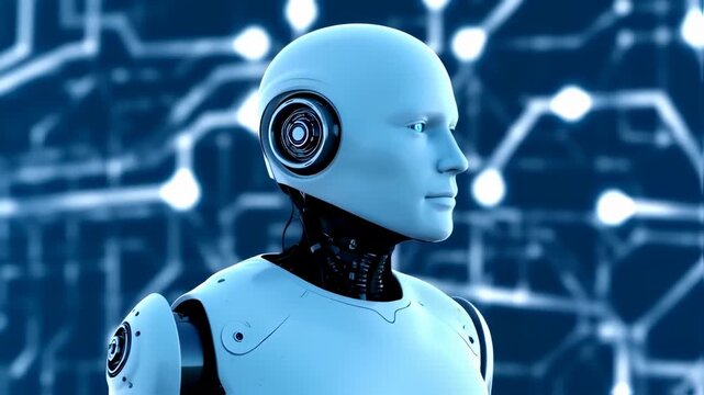 Close-up of a futuristic robot head and upper body, with visible circuit board-like patterns on the face and head, set against a blurred background of interconnected lines and lights