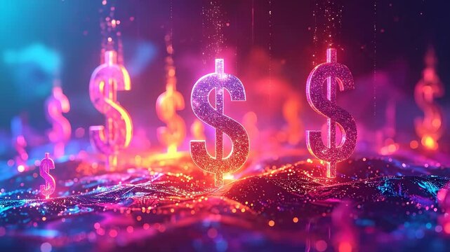 Sparkling Dollar Signs Ascending on a Neon Lit Landscape, Financial Growth Concept
