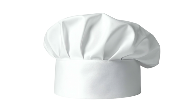 Classic tall white head covering for culinary professionals displayed against a dark background