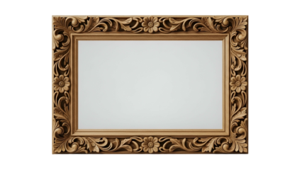 Ornate rectangular wooden picture frame displays carved floral scrollwork against a dark background