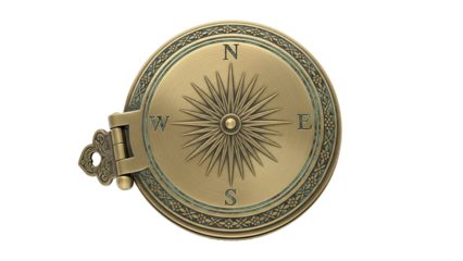 Antique brass navigational instrument displays cardinal directions against a dark background