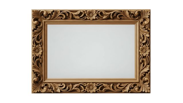 Ornate rectangular wooden picture frame displays carved floral scrollwork against a dark background