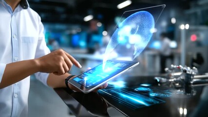 Faceless technician in modern workshop using digital tablet to analyze smart washing machine performance, ambient blue lighting and futuristic interface reflections, defocused back - Powered by Adobe