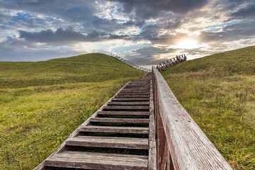 Naklejka premium Wooden stairs across rolling green hills
