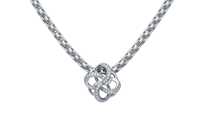 Ornate platinum pendant featuring an intricate knot design studded with brilliant gemstones drapes from a sturdy woven chain against a dark backdrop.