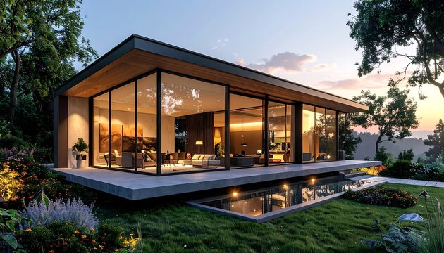 Modern glass house reflected in pond with lush green lawn and trees, soft warm sunset light