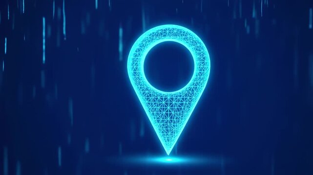A glowing, light-blue, wireframe map marker icon, set against a dark-blue background dotted with faint, vertical lines