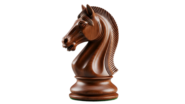 Detailed wooden chess knight piece illuminated against a dark background
