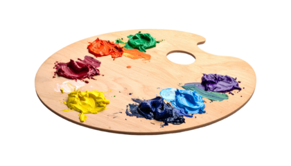 Wooden painter's palette displays dollops of richly colored pigments against a stark black background