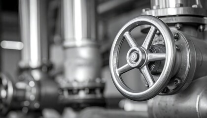 Metal valve with pipes. Focus on the wheel. Gray scale image. Blurred background of similar valves & pipes