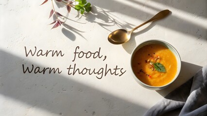 Bowl of soup and spoon with warm thoughts quote