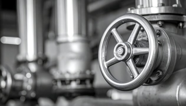 Metal valve with pipes. Focus on the wheel. Gray scale image. Blurred background of similar valves & pipes