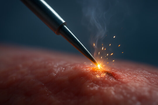 A cauterization tool emitting sparks as it makes contact with skin tissue during a surgical operation under controlled conditions.
