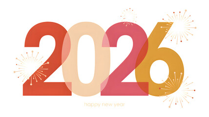 Happy new year 2026 text with fireworks isolated on transparent background
