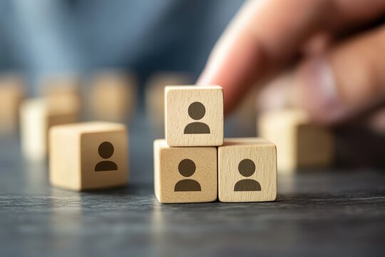 Human Resources and Organization: A hand carefully positions personnel icons on wooden blocks, illustrating human resources, organization, and the significance of personnel management.