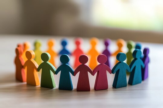Unity in Diversity: A symbolic circle of colorful wooden figures joined together, representing community, inclusivity, and the strength found in unity.
