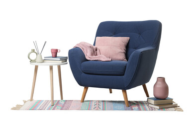 Fototapeta premium Blue armchair, pillow, blanket, side table and rug isolated on white