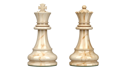 Two polished ivory colored carved game pieces stand in profile against a dark backdrop