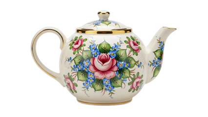 Porcelain vessel for brewing and serving hot beverages features detailed floral ornamentation