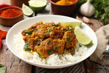Fototapeta premium Delicious chicken tikka masala with rice, parsley and lime on color wooden table, closeup