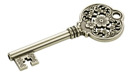 Ornate metallic key featuring detailed floral engravings resting against a stark black background
