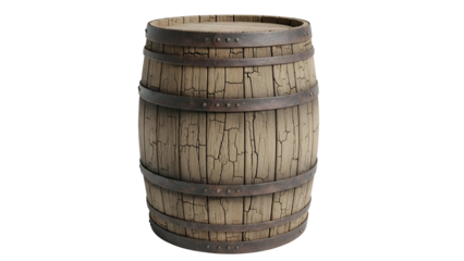 Weathered wooden container bound with aged metal hoops rests against a solid dark background