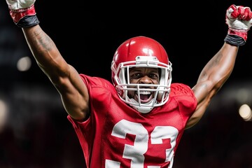 Excited american football player in red uniform celebrating victory with arms raised on dark stadium background, concept of triumph, athletic success and competitive spirit