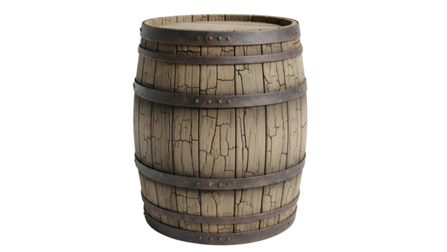 Weathered wooden container bound with aged metal hoops rests against a solid dark background