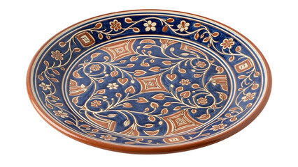 Naklejka premium Ornate earthenware platter features intricate blue, brown, and white ceramic decoration against a dark backdrop