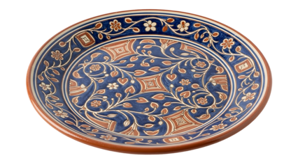 Ornate earthenware platter features intricate blue, brown, and white ceramic decoration against a dark backdrop