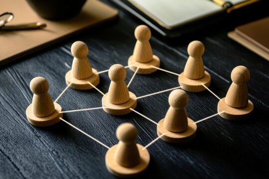 Strategic Connections: Wooden game pieces linked together, symbolizing collaboration, connectivity, and teamwork in a business environment. Capturing the essence of networking, integration.