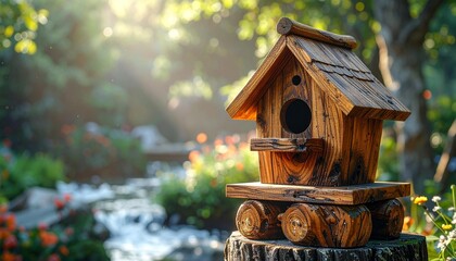 A handmade wooden birdhouse sits atop a stump, bathed in gentle