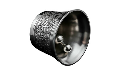 Ornate silver metal serving utensil featuring intricate floral engraving rests against a dark background