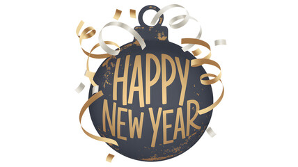 Happy new year ornament with confetti isolated on transparent background