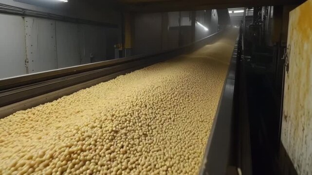 Gen Turbo machinery processes large quantities of yellow pellets at a manufacturing plant with dynamic zoom and slow pan effects