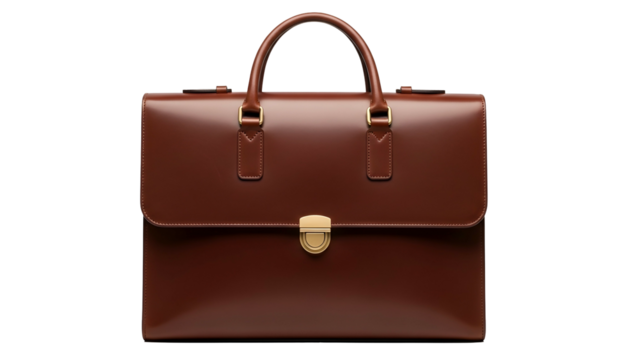 Sophisticated brown leather attach? case displays polished hardware against a dark background